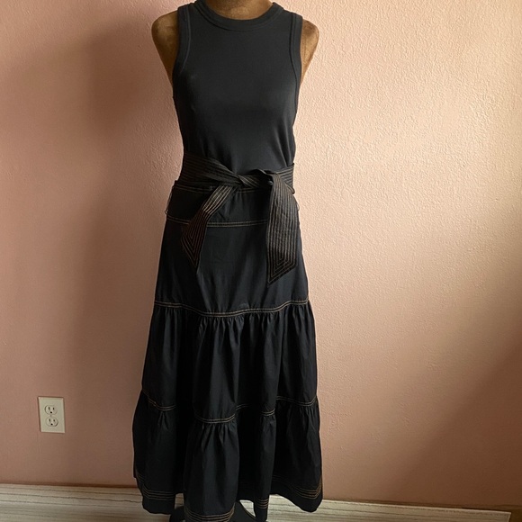 VERONICA BREAD 97% Cotton Black Tiered Maxi Dress with Belt - Picture 2 of 13
